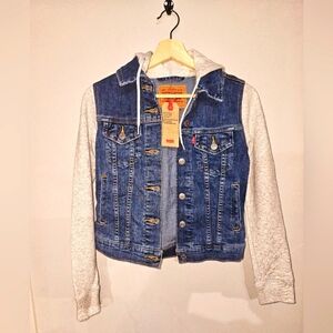 Levis Jean Jacket Boys Girls Blue Denim Gray Hoodie W. Hood Sizs XS BNWTs